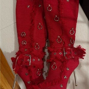 Hardcore Red Fringed Boots with Silver Accents